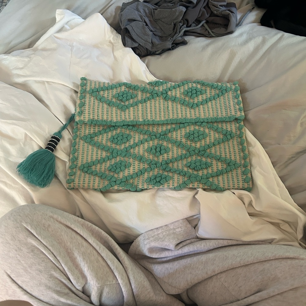 Woven Teal Clutch with Tassel